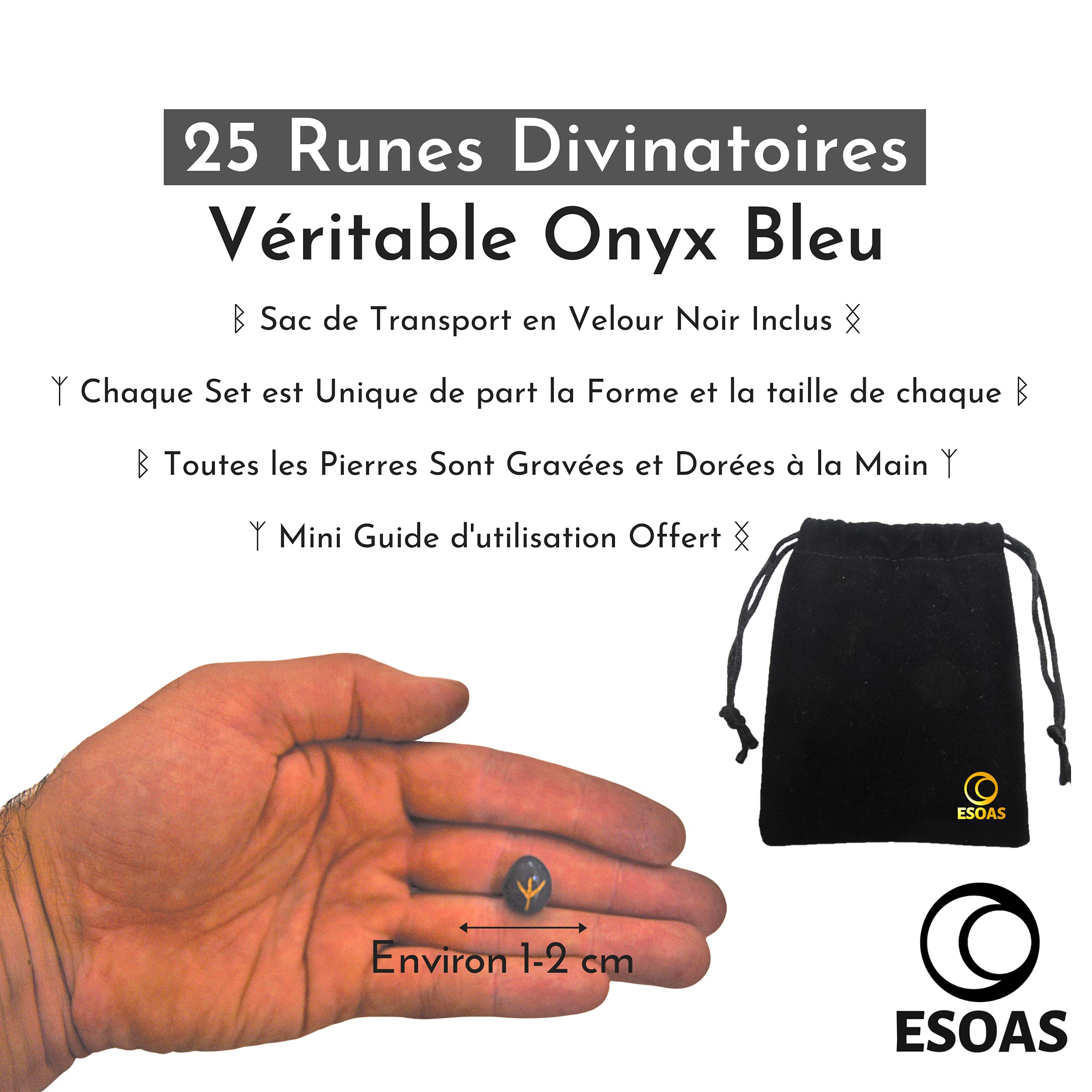 RUNES DIVINATOIRES VIKING Onyx Bleu, Set x25 Pierres Polies Semi Précieuses Gravées Avec Sac. Idéal Pour Divination, Voyance et Magie. Alphabet Runique Futhark, Oracle de la Mythologie Nordique