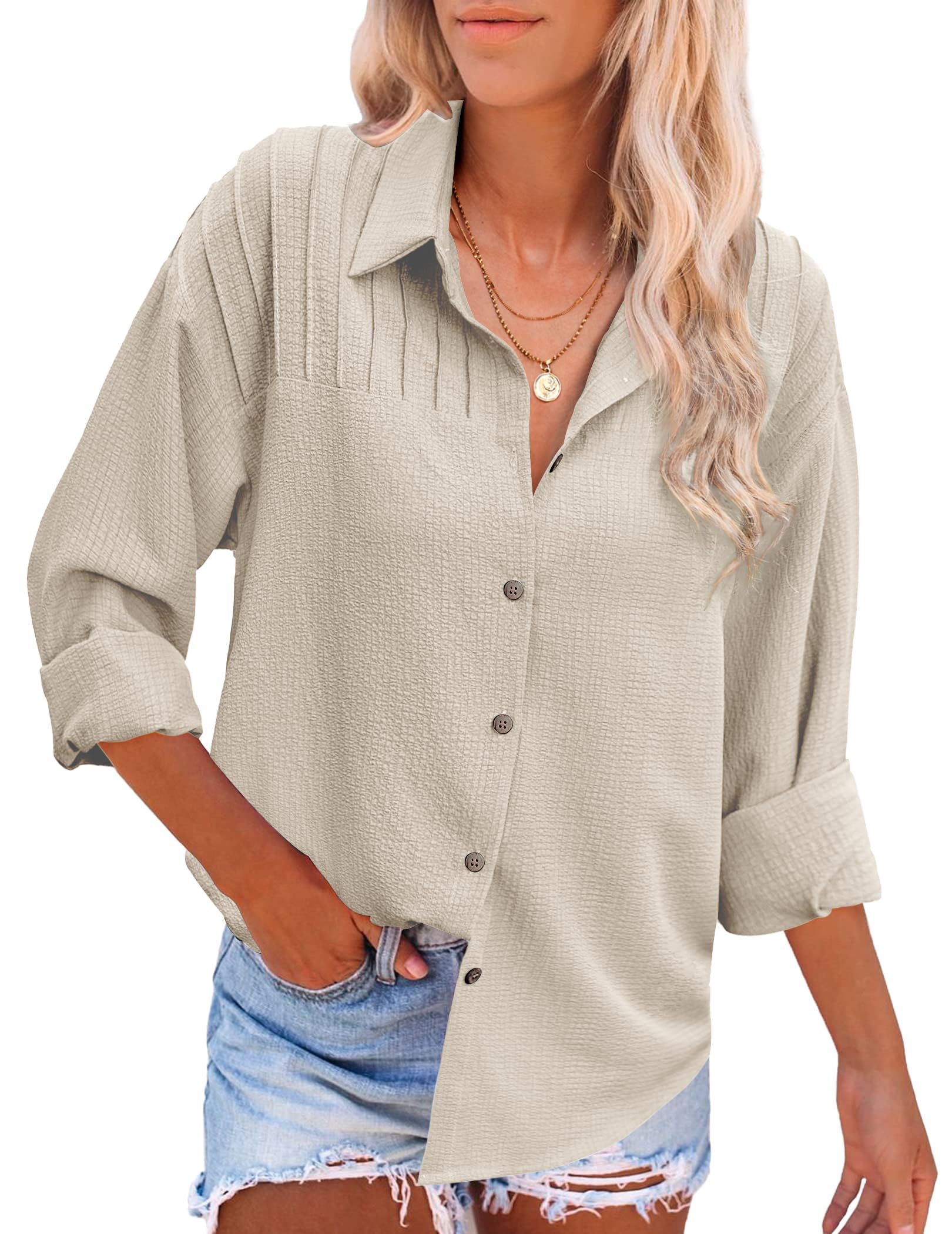 HOTOUCHWomens Long Sleeve Button Down Shirts Oversized Collared Drop Shoulder Work Tops Textured Loose Blouse S-XXXL