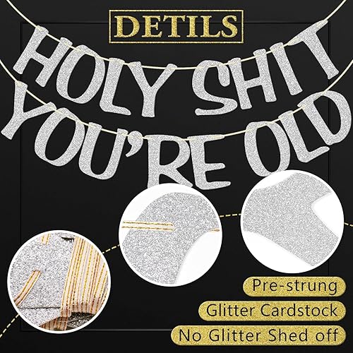 Miniatura 3 de Cartel de Holy You're Old con purpurina plateada para 30, 40, 50, 60, 70, 80, 90, divertido cartel de cumpleaños, banderines, decoración de fiesta,