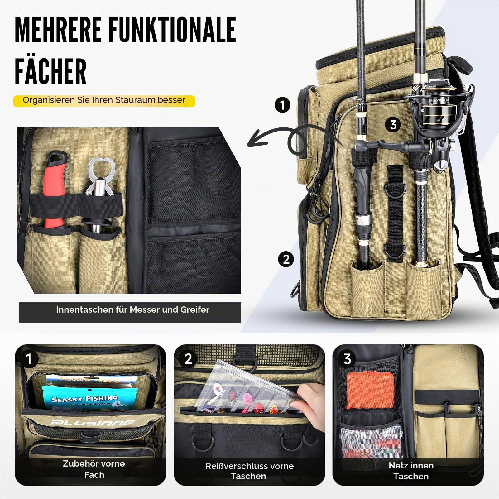 PLUSINNO Unisex Fishing Backpack With Tackle Boxes Angelrucksack mit Angelboxen
