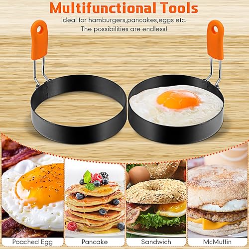 Miniatura 4 de Juego de 6 anillos profesionales para panqueques de acero inoxidable, anillos de huevo frito, con mango de silicona naranja para desayuno, tortilla,