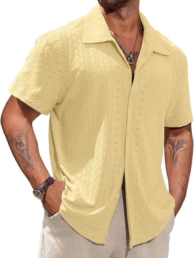 Vssjavun Mens Short Sleeve Button Down Shirts Casual Hollow Out Summer Beach Shirt