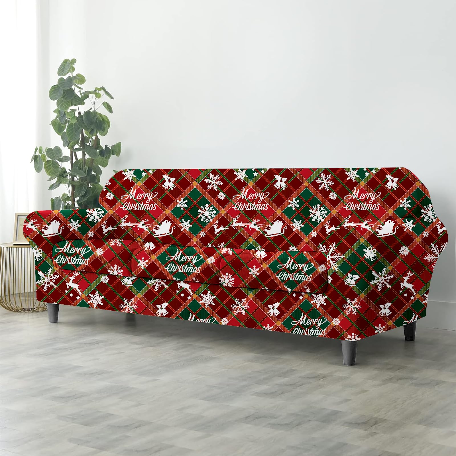 Lot de 4 Housses de canapé de Noël 3 Places avec Housse élastique Extensible - Imprimée - avec accoudoirs - Douce et antidérapante (Flocons de Neige à Carreaux)