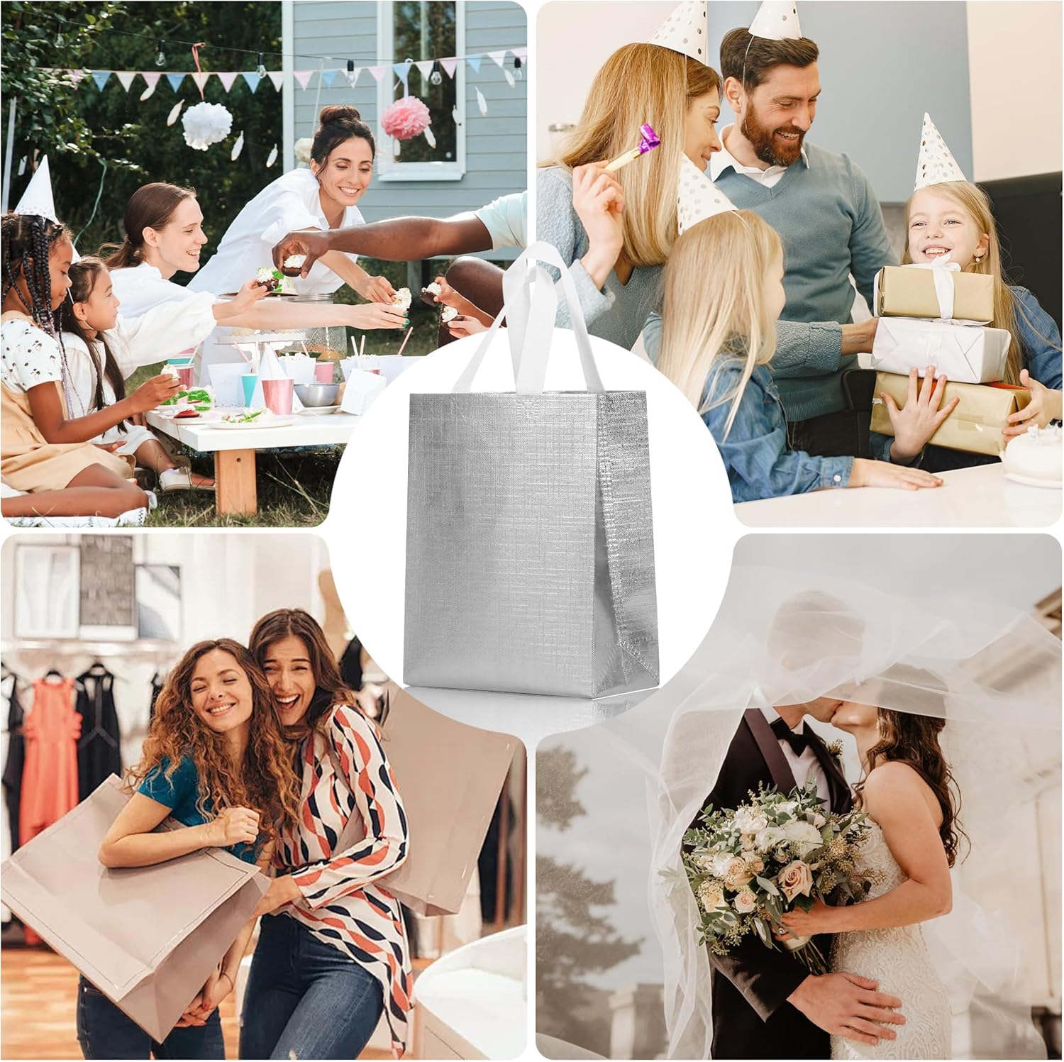 cabzymx Silver Small Reusable Gift Bags with Metallic Design, 25 Pcs Return Gift Bag Bulk for Wrapping Gifts, Birthday, Wedding, Parties-10.2x3.9x8.3 In - Image 5