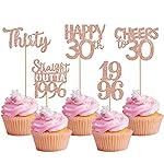 30PCS 30th Birthday Cupcake Toppers Glitter Thirty Happy 30 Straight Outta 1996 Cupcake Picks for Cheers to 30 Years 30th Birthday Wedding Anniversary Party Decoration Supplies Rose Gold