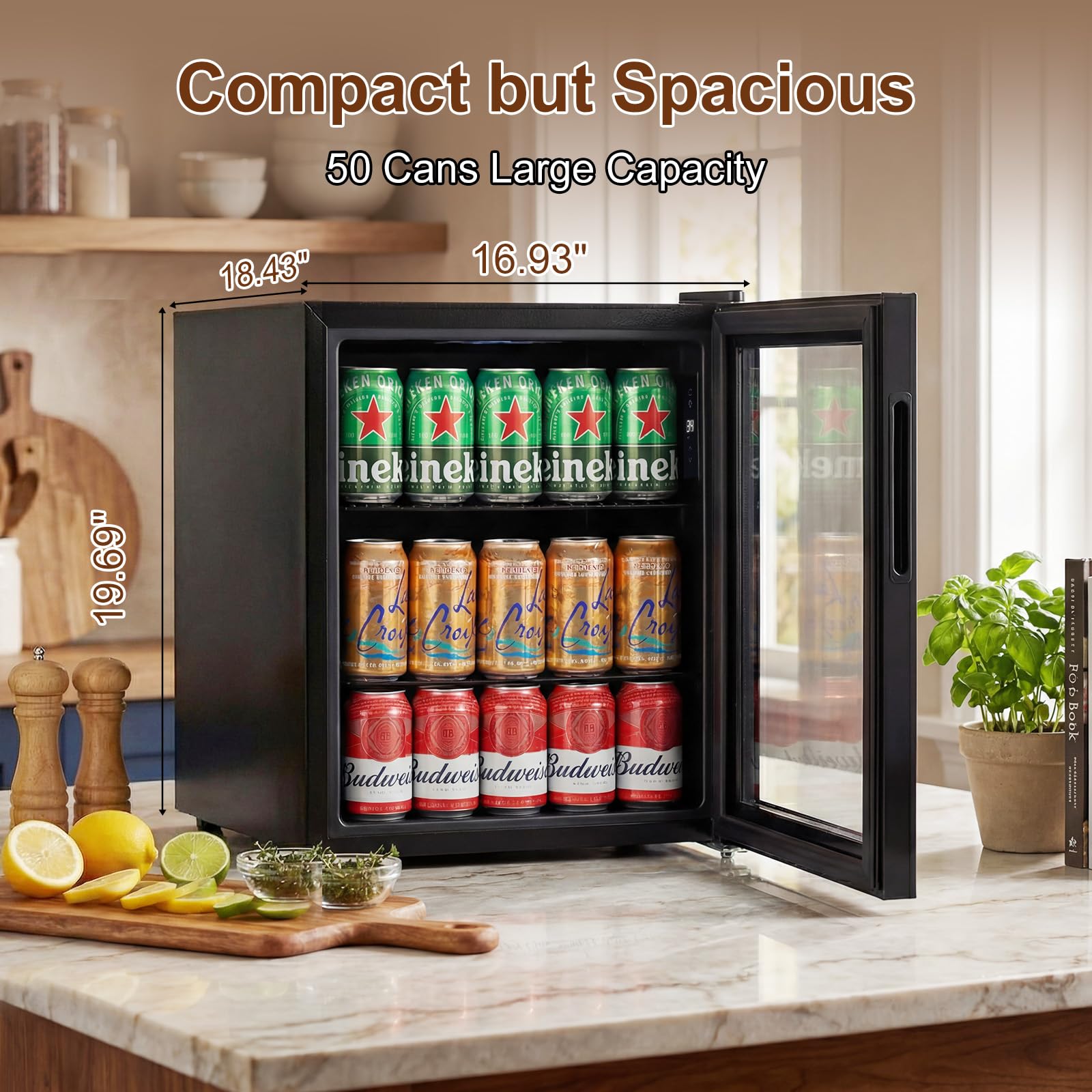 Fomup Mini Fridge 50 Can, Small Beverage Refrigerator With Reversible Glass Door, Countertop Drink Cooler With Temperature Control, Compact Beer Soda Fridge For Office Dorm Kitchen, Black on Fridge.com - View 3