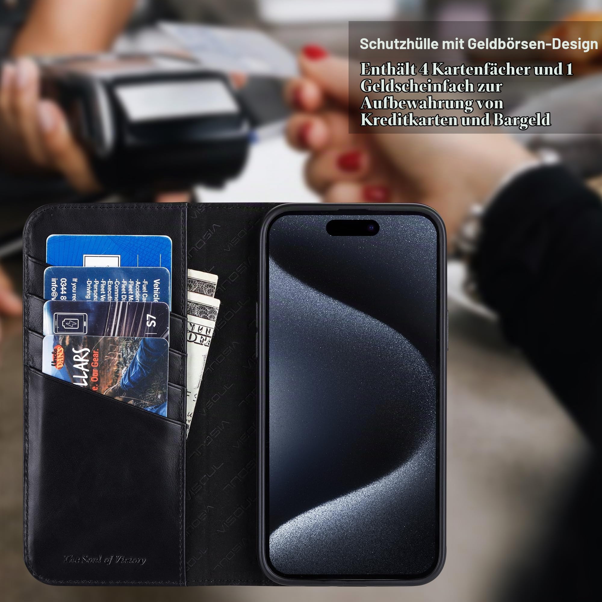 VS VISOUL Hülle für iPhone 16 Pro max,Schutzhülle Echt Leder Schützt vor Stoß Kartenfach Magnetverschluss Stand klappbar handyhülle Handytasche Etui Case für iPhone 16 Pro max Schwarz A