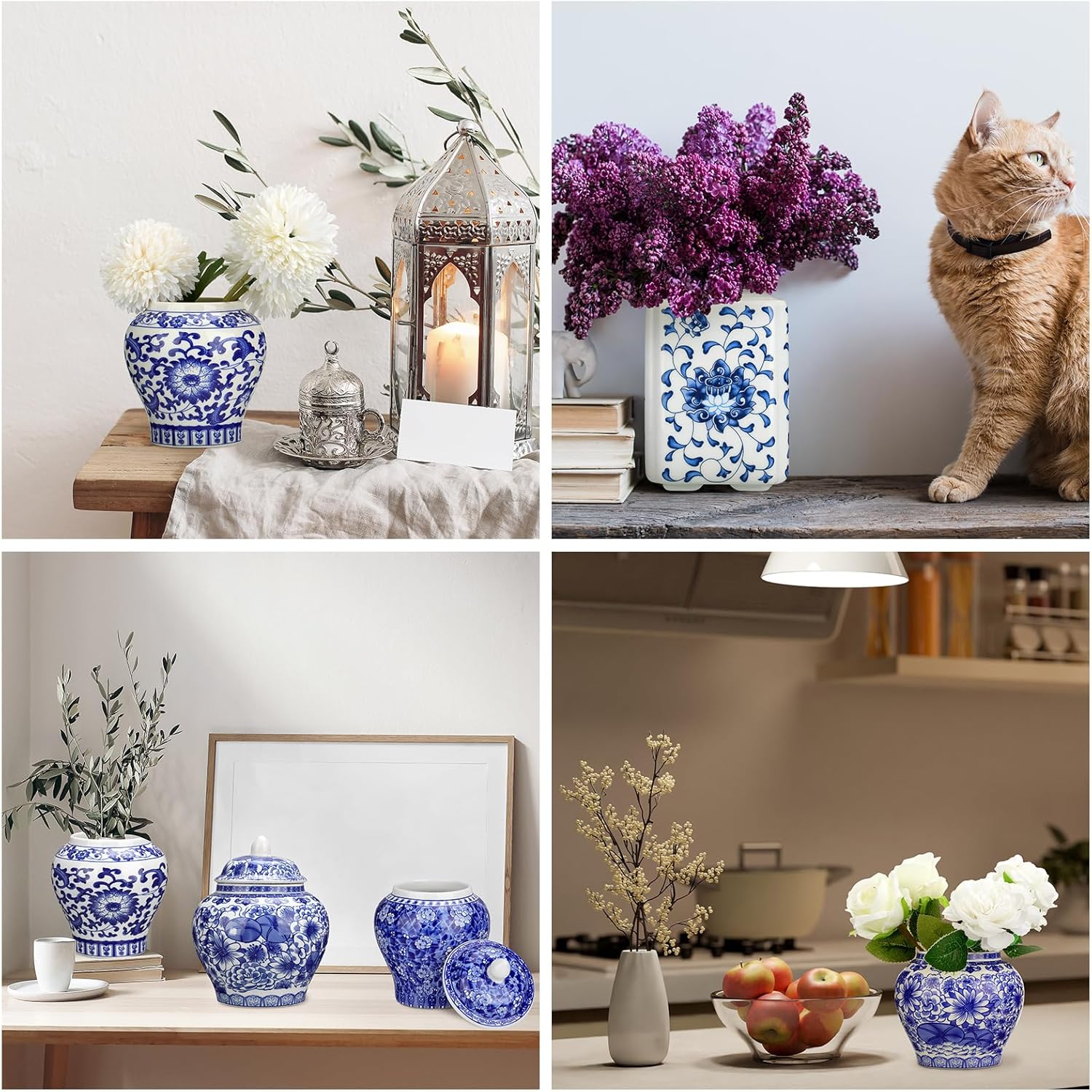 Hushee Small Blue and White Vases Chinoiserie Decor Ginger Jar Porcelain Ginger Jar Chinoiserie Vase Blue and White Decor for Home Bedroom Table Centerpieces Tabletop Accent Shelf(4 Pcs,Elegant)