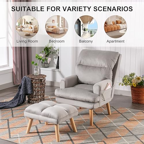 Miniatura 7 de CANMOV Silla decorativa moderna con otomana, sillón de tela suave con respaldo ajustable y bolsillos laterales, cómoda silla de descanso para sala