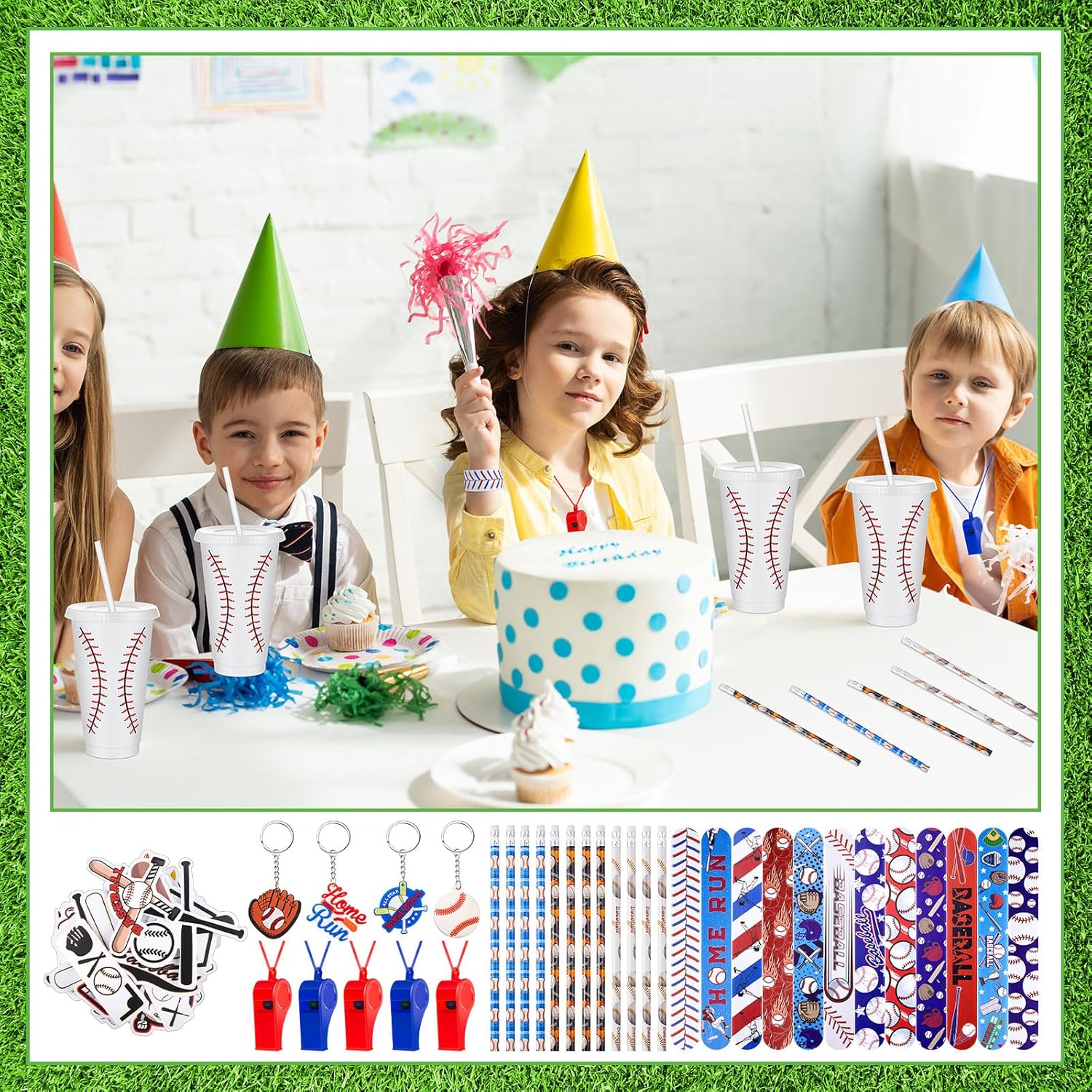 122 Pcs Baseball Party Favors Baseball Gift Set Includes Cups with Straw Mini Stress Ball Keychains Slap Bracelets Whistles Stickers Pens for Birthday Party Supplies - Image 5