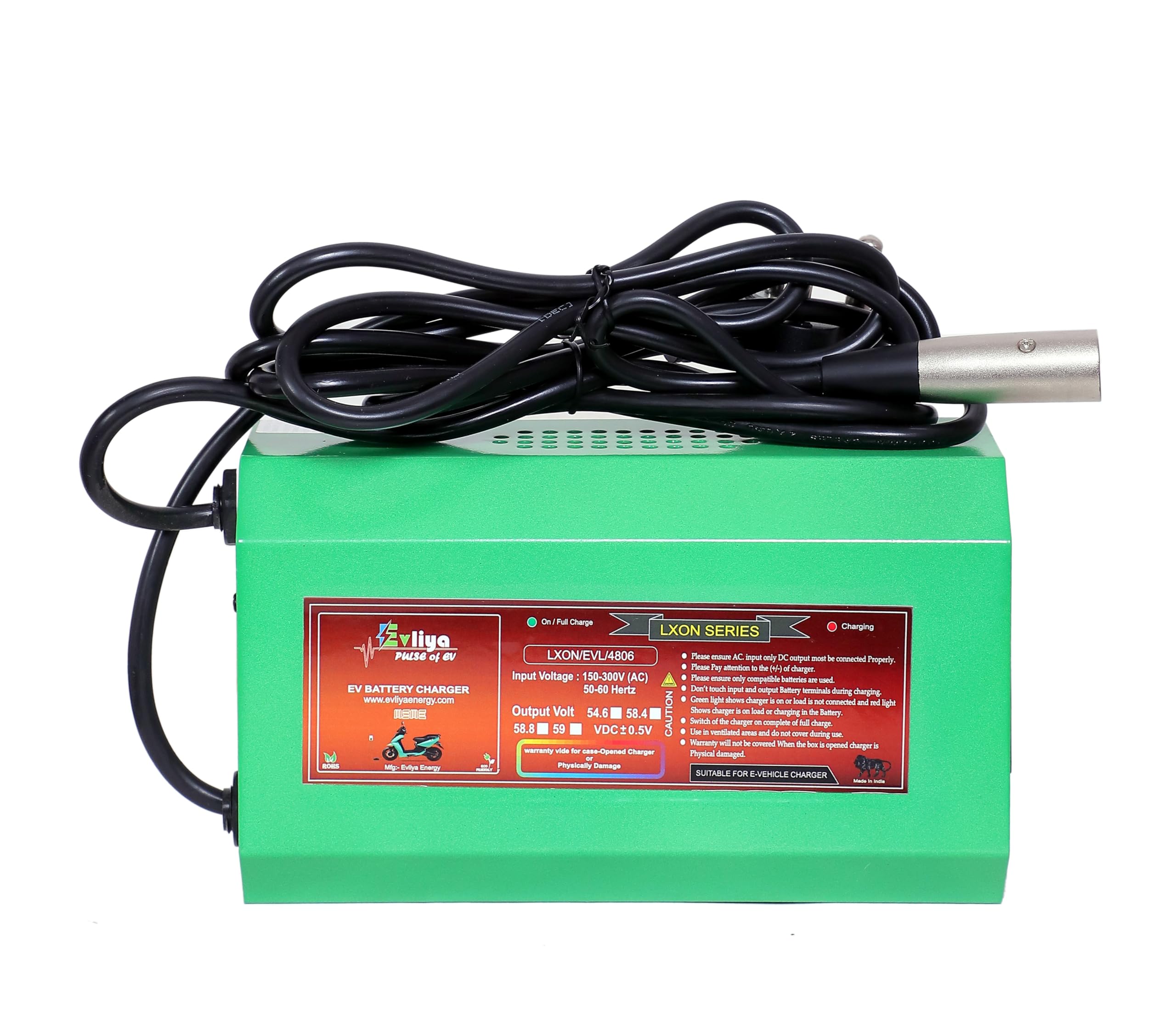 evliya ev scooty & bike chargers 48 volt / 6 amp / 58.8 volt auto battery cutt-off (xlr round pin hero type connector) with digital display (lithuim battery charger) suitable for all e-vehicles