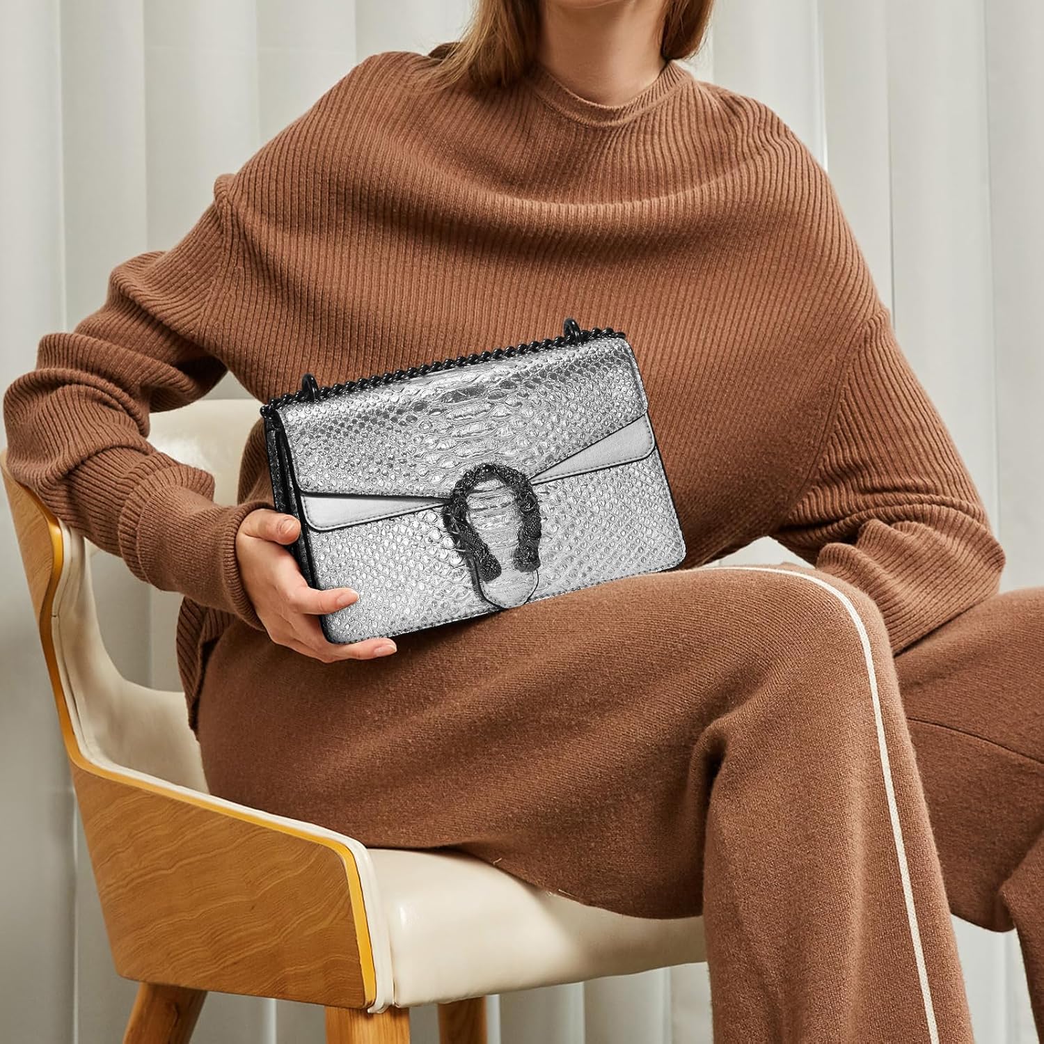 Women's Crossbody Shoulder Bag Snake Print Satchel Purse Leather Chain Clutch Evening Handbag - Image 2