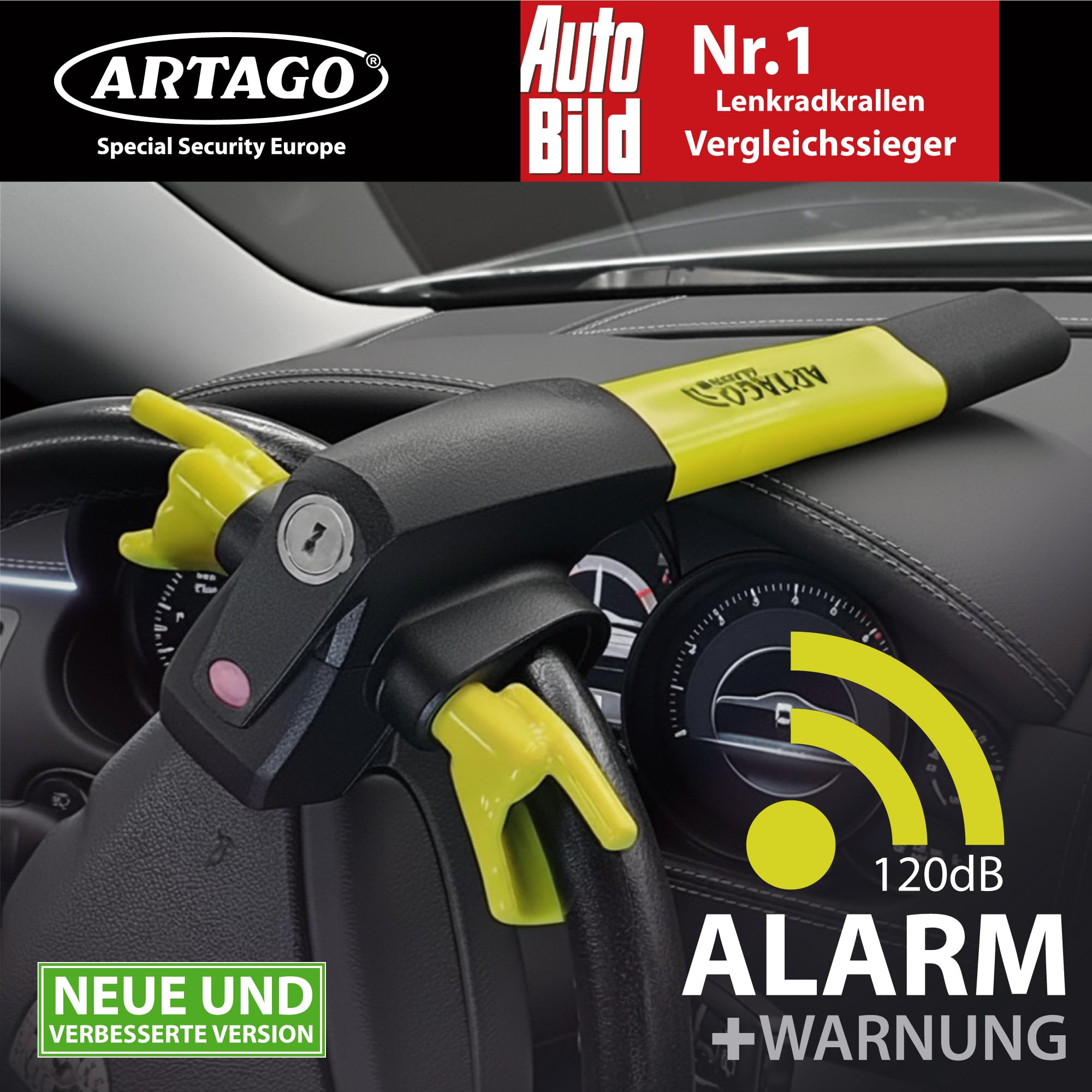 ARTAGO 870 Hochwertige Lenkradkralle 2in1 Ohne/Mit Alarm 120dB+LED, Sicherer und Abschreckender Lenkradsperre um die Lenkradspeiche, Fortschrittlichste Lenkradschloss zur Auto-Diebstahlsicherung