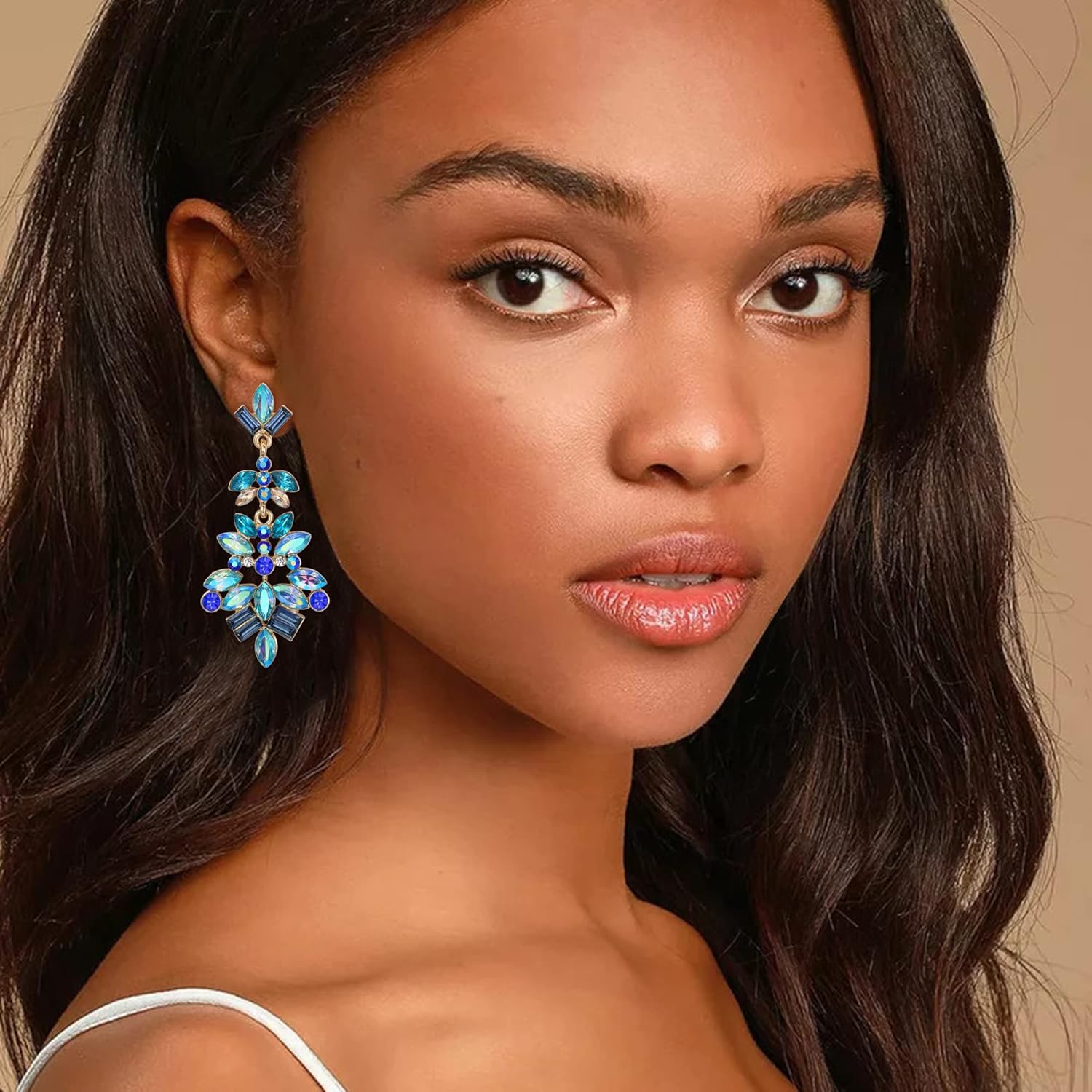 EleQueen Fashion Vintage Style Statement Drop Dangle Earrings Marquise Square Cluster Art Deco Crystal Earrings for Women Girls Blue Gold-Tone - Image 3