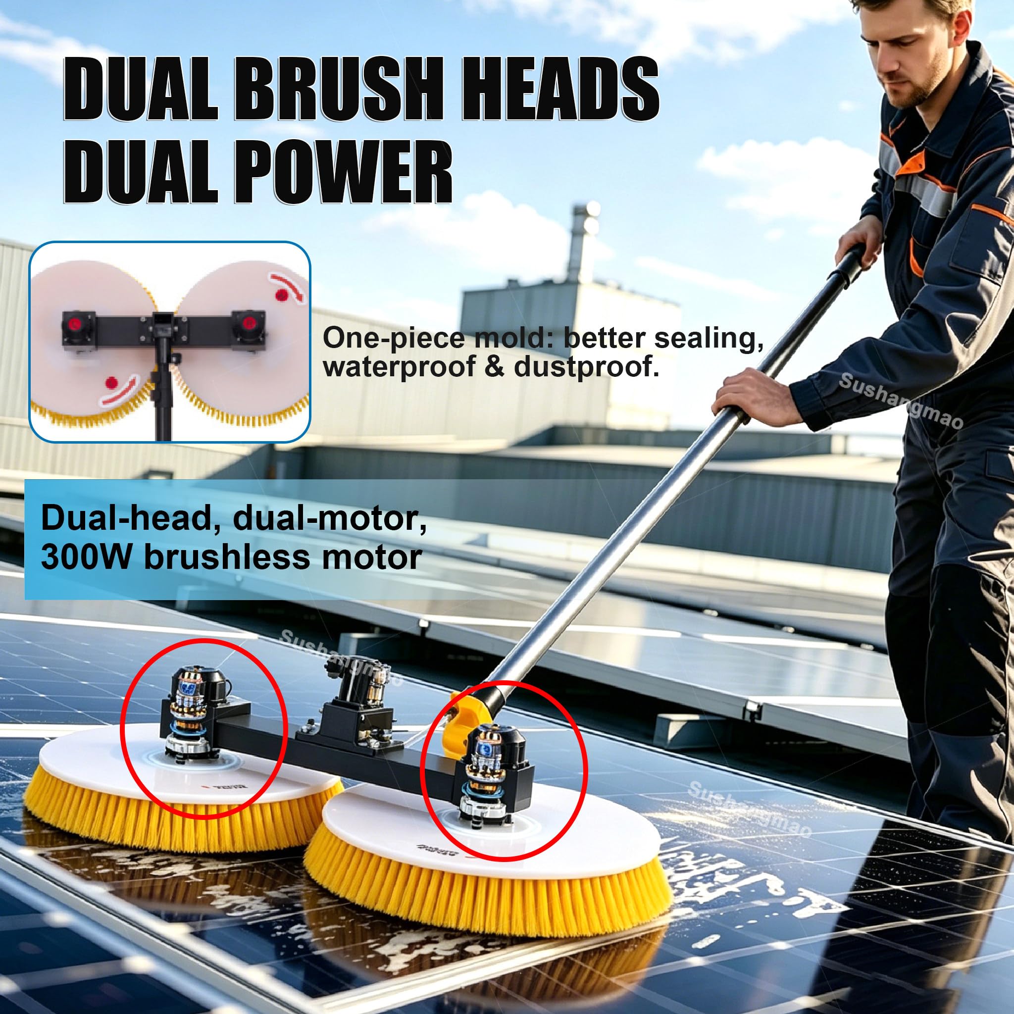 Kit de poste de alimentación de agua – Cepillo de limpieza de panel solar, 300 W de doble disco de 64 cm, ajustable de 5,5 m/7,5 m para limpiar paneles, ventanas, caravanas, carteles