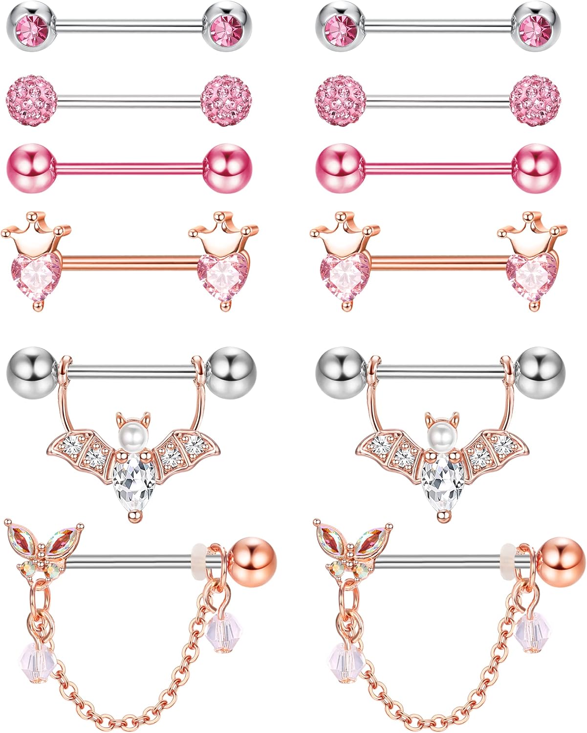 6 Paires De Bijoux De Perçage Pour Mamelons - Acier Inox 316L, Designs Coeur, Lune, Fleur