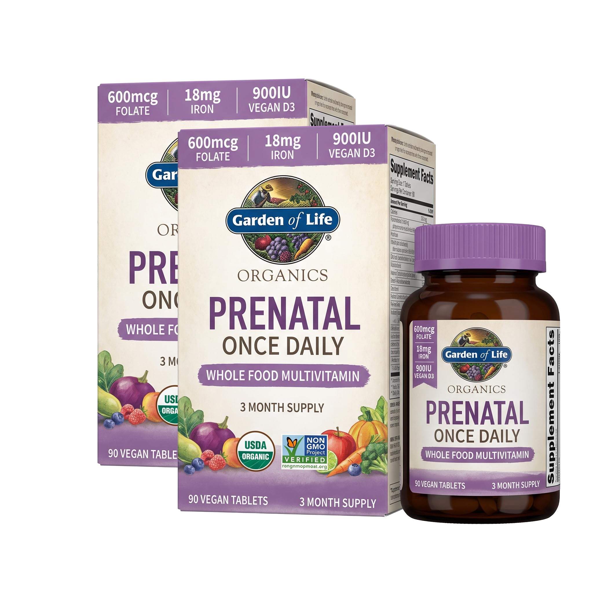 Garden of Life Prenatal Vitamins for Women, Organics Folate for Energy &amp; Healthy Fetal Development,Non-constipating Iron,Vitamin C, B6, B12, D3,Non-GMO,Gluten-Free, Vegan, 90 Day Supply (Pack of 2)