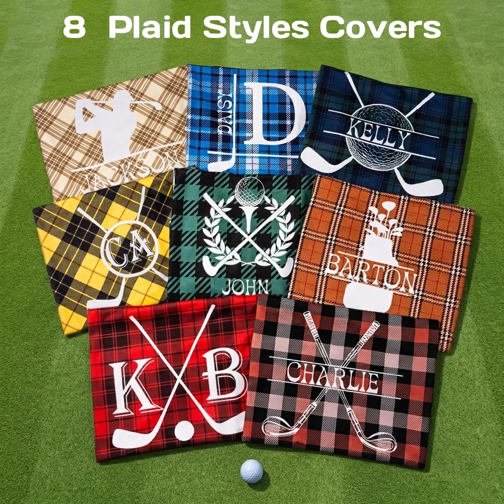 Coprisedile personalizzato per carrello da golf, con nome personalizzato, asciugamano per carrello da golf, coperta | 8 colori plaid e 9 motivi | 130 x 80 cm poliestere | regalo per uomini