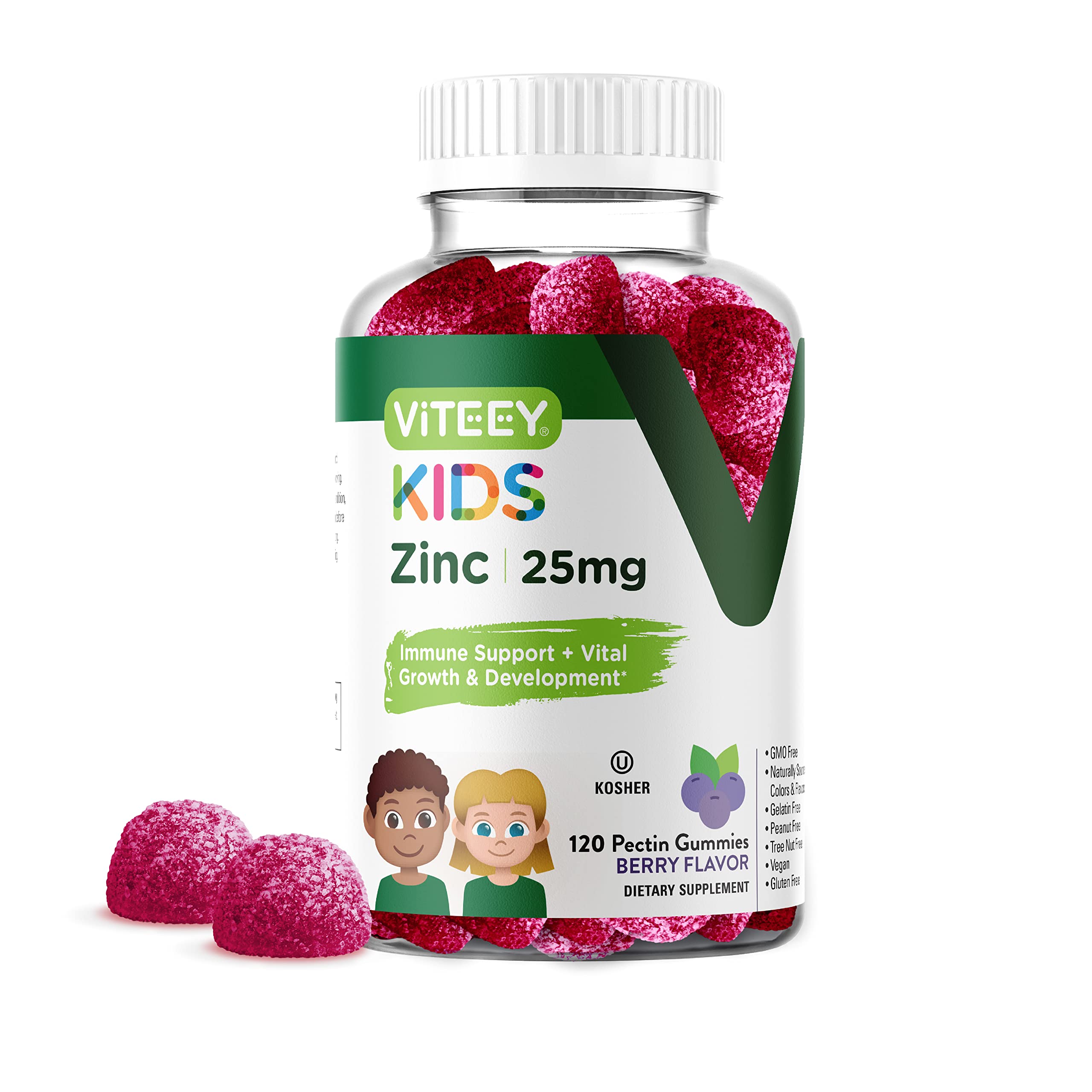 - Viteey Zinc for Kids Gummies, 25mg - Immune Support for Kids & Teens - Powerful Natural Antioxidant, Kids Zinc Vitamin Supplement - Vegan, Gelatin Free, Gluten Free - Tasty Chewable Berry Flavor Gummy