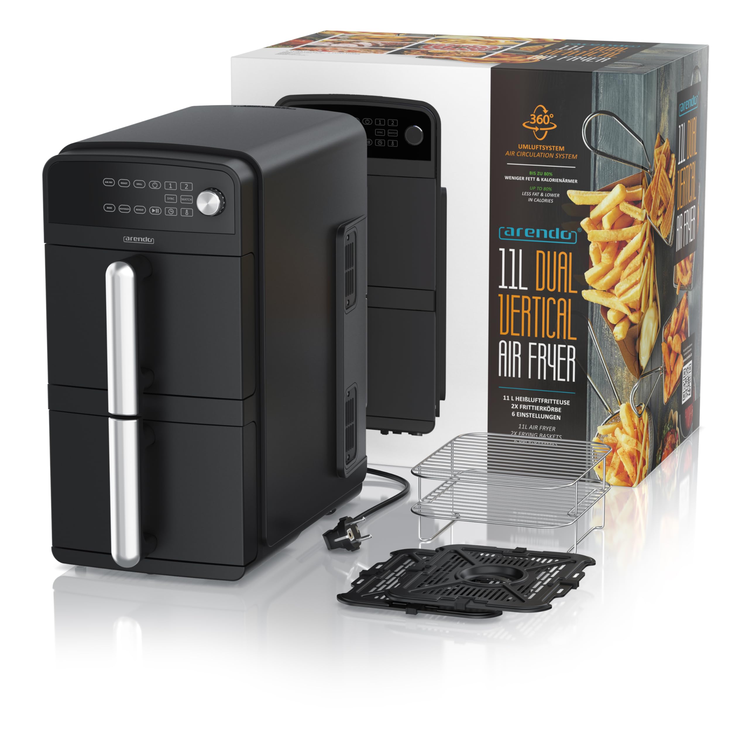 Arendo - Frytkownica na gorące powietrze Dual Zone podwójna komora – pojemność XXL 11 l – 2400 W – 2 komory 2 strefy – 3 w 1 Airfryer – 8 przycisków czujnikowych – bez BPA – 2 ruszty do grillowania
