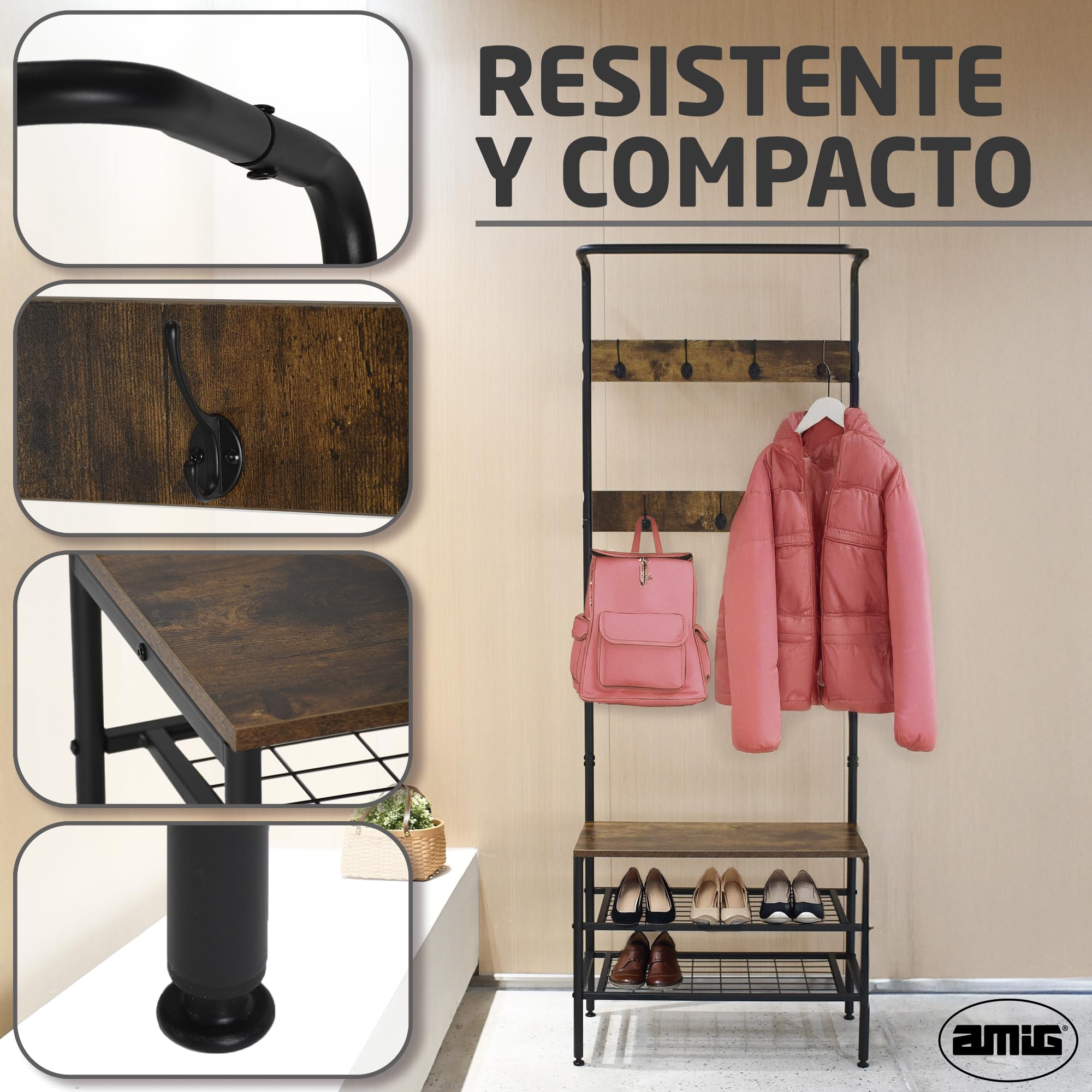 Amig - Perchero de pie con Zapatero Lukïen - Mueble recibidor con banco de Estilo Industrial - 183x66x32,5 cm - Metal y Madera - Color negro y marrón - Burro para pasillo o entrada de Estilo rústico