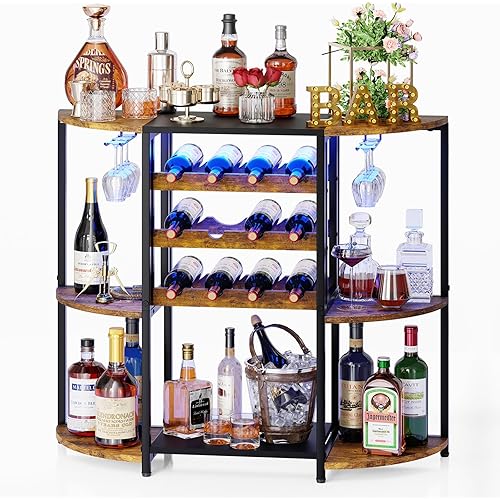 Wine Bar Cabinet with LED Lights, Mini Wine Bar Cart with Storage and Glass Holder, Liquor Shelf for Home Bar, 3-Tier Bar Table Coffee Bar for Kitchen, Dining Room, Living Room, Bar, Rustic Brown