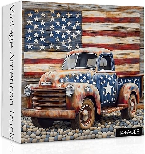Miniatura 2 de Rompecabezas de camión americano para adultos, 1000 piezas, rompecabezas vintage de bandera de Estados Unidos, rompecabezas retro patriótico