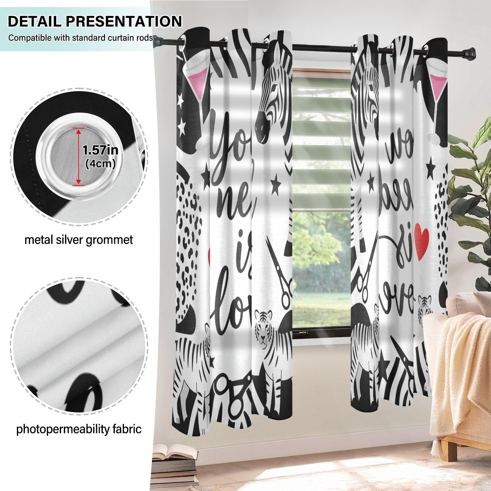 Cortinas largas decorativas para sala de estar, estampado de cebras, corazón de amor, San Valentín, cortinas de 160 cm, cortinas de cocina, juegos de 2 paneles