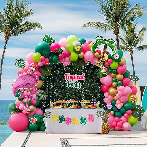 Kit de guirnalda de globos de flamenco tropical, 135 unidades, color rosa intenso, naranja, verde azulado y doble relleno verde esmeralda y hoja de