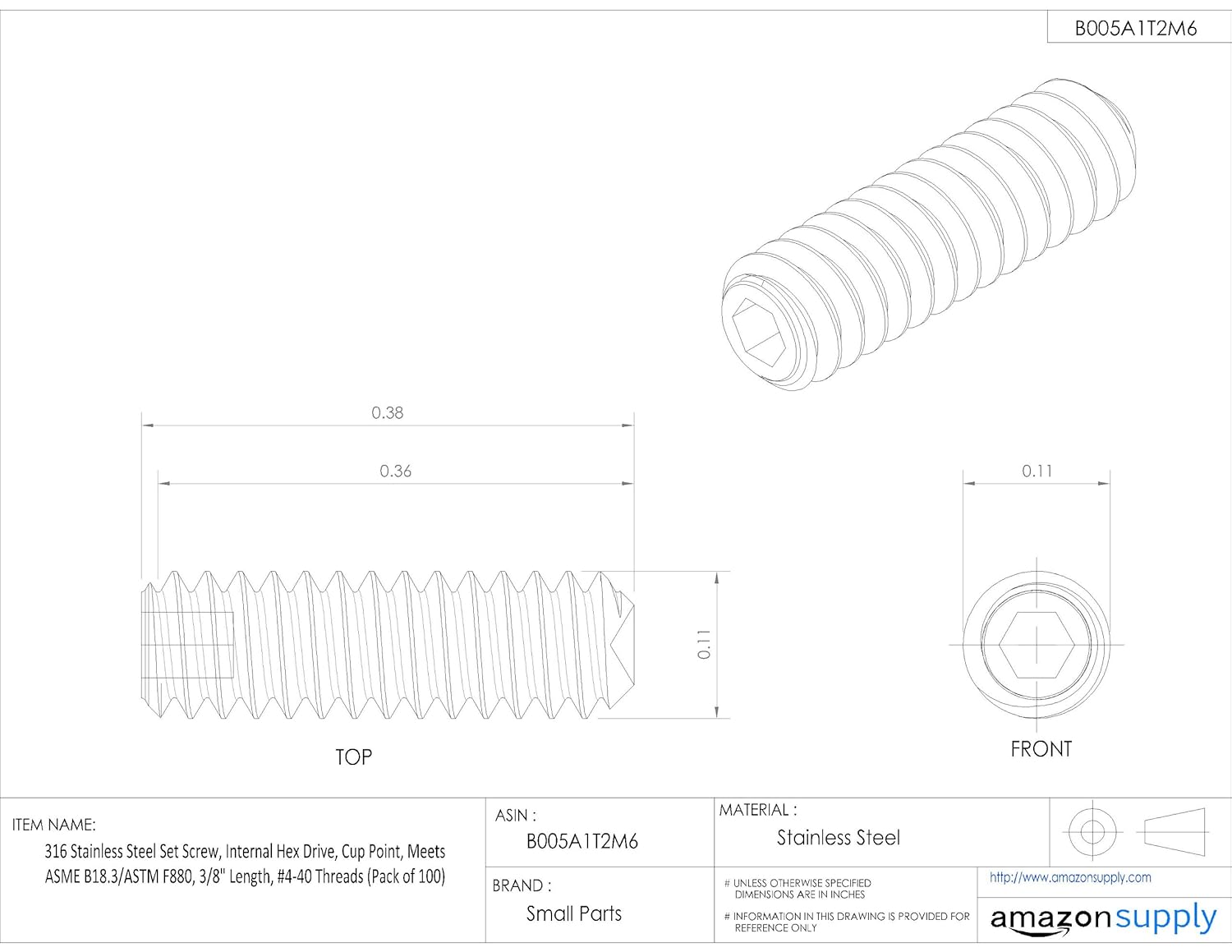 316 Stainless Steel Set Screw, Hex Socket Drive, Cup Point, Meets ASME B18.3/ASTM F880, 3/8" Length, #4-40 Threads (Pack of 100)