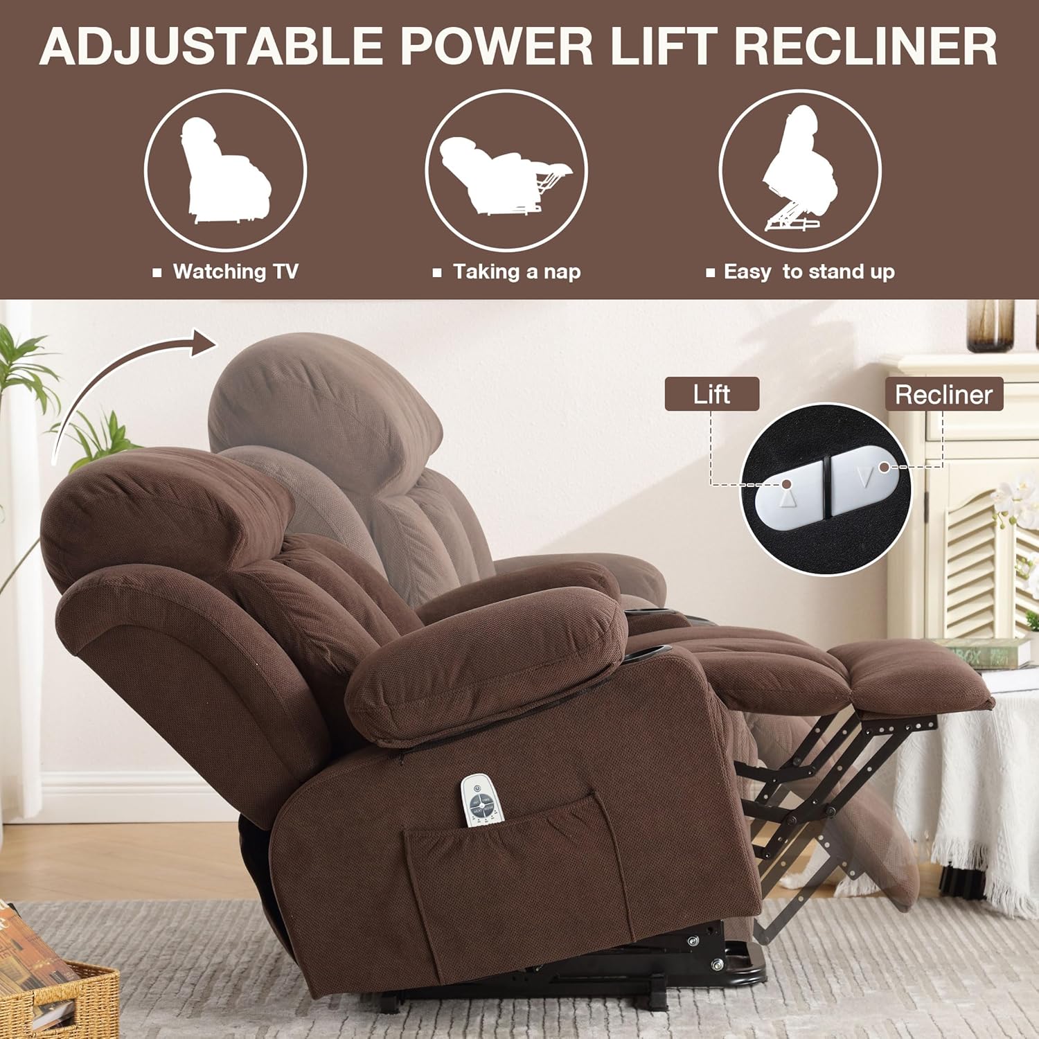 Adjustable Power Lift Recliner in action