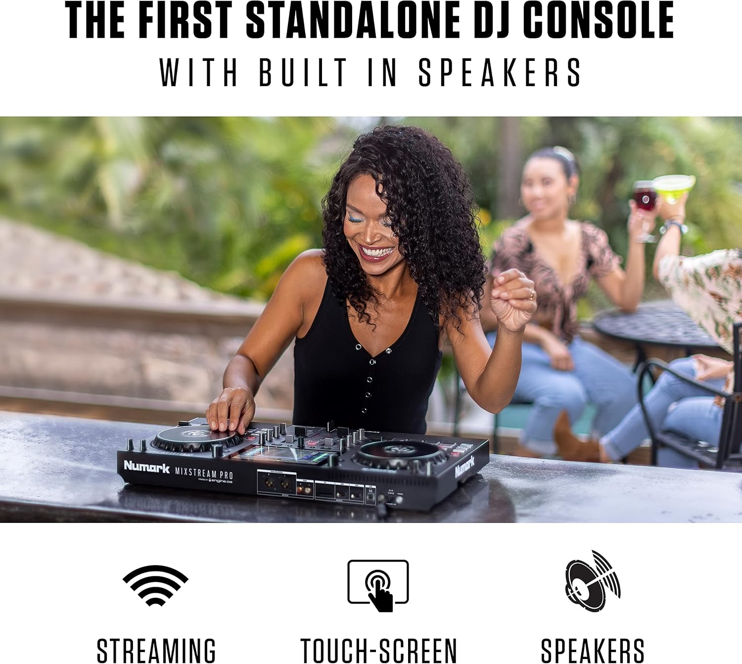 Numark Mixstream Pro Standalone DJ Controller with Speakers, 7” Touch Screen, WiFi Streaming, Smart Light Controls, 6” Scratch Wheels, 2 Channels & FX