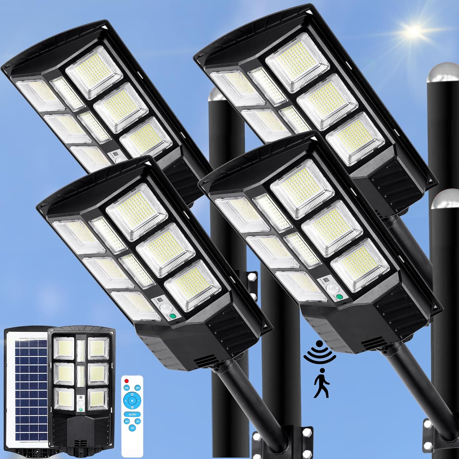 ZJOJO Solar Light Outdoor Waterproof, 30000LM 1160 LEDs Solar Street Lights for Outside Dusk to Dawn, 9000K LED Parking Lot Light Solar Powered Flood Lights with Motion Sensor -2 Pack