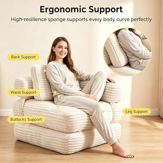 Folding Sofa Bed,3 in 1 Convertible Sleeper Chair with L Shaped Pillow