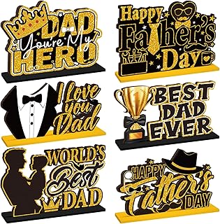 Suzile 6 Pieces Father's Day Table Decorations Happy Father's Table Centerpiece Dad's Day Theme Party Decorations Best Dad Ever Wood Tiered Tray Decor Signs for Birthday Gift Supplies(Black, Gold)