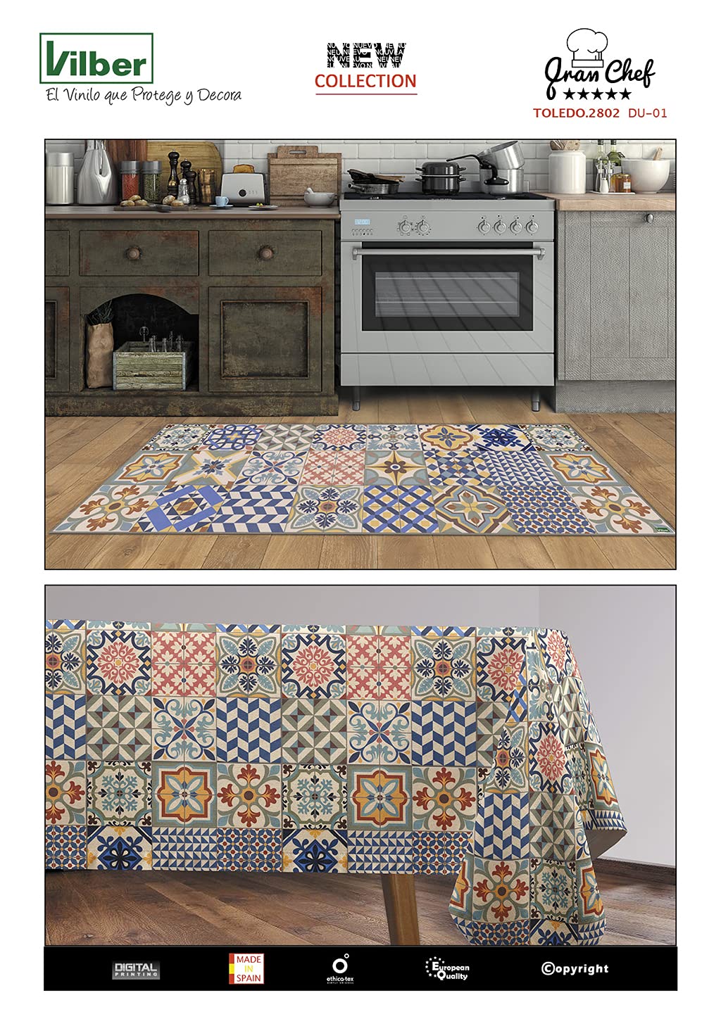 Vilber, Mantel de Tela con Estampación Digital, Confeccionado, Rectangular, Resinado, con Tratamiento Antimanchas, Impermeable, Estampado AZULEJOS. TOLEDO - R11.
