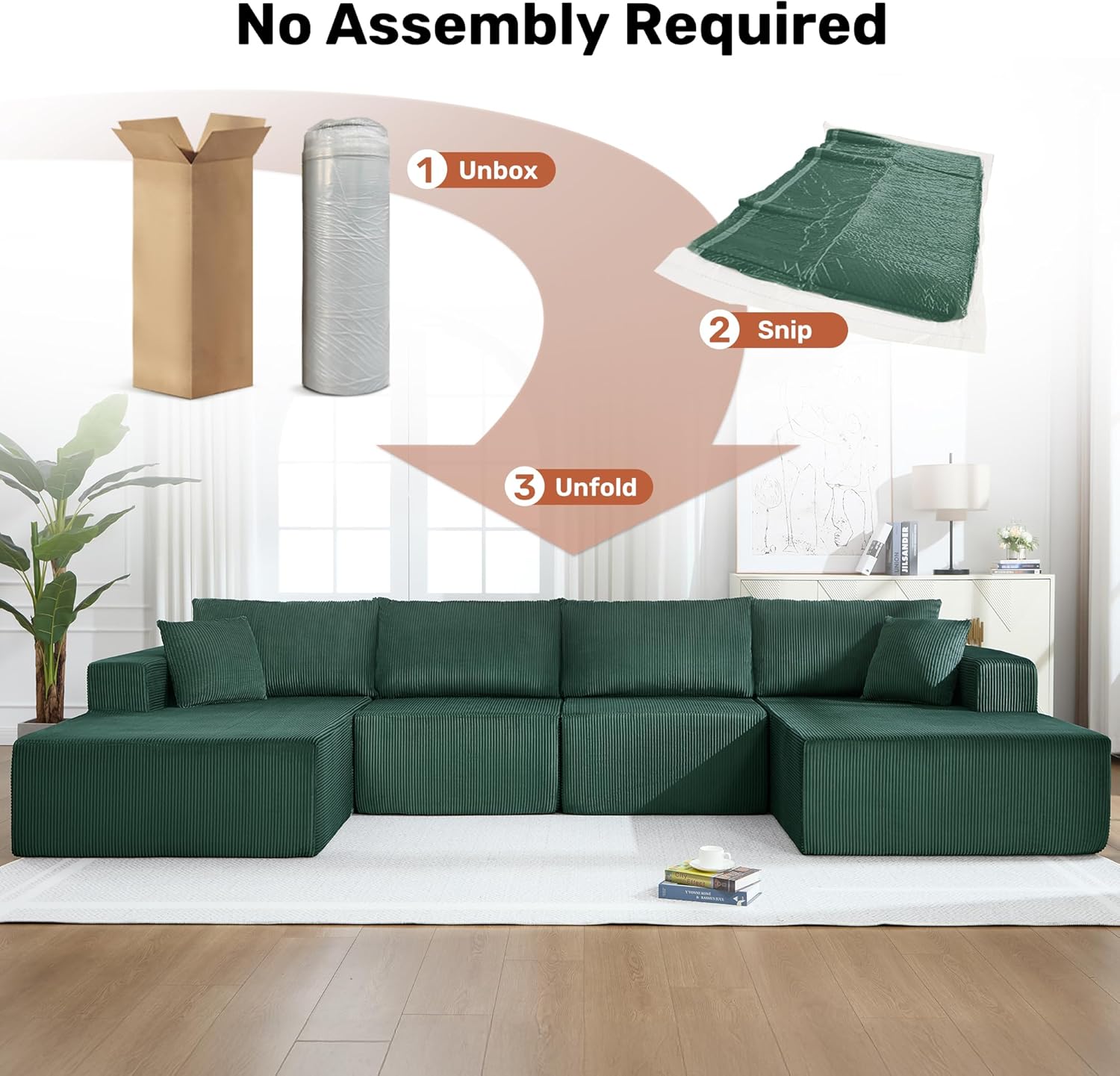 Modular Sectional Sofa,146" U-Shaped Boneless Sofa for Living Room,Oversized 4-Seater Deep Seat Cloud Couches,Corduroy Upholstered Corner Sofa Couch,No Assembly Required,Green