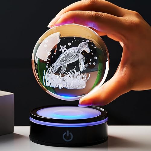 Miniatura 5 de Figura de bola de cristal de tortuga marina 3D con base LED, tortuga marina láser, regalos para mujeres y hombres en Navidad, cumpleaños, bola de