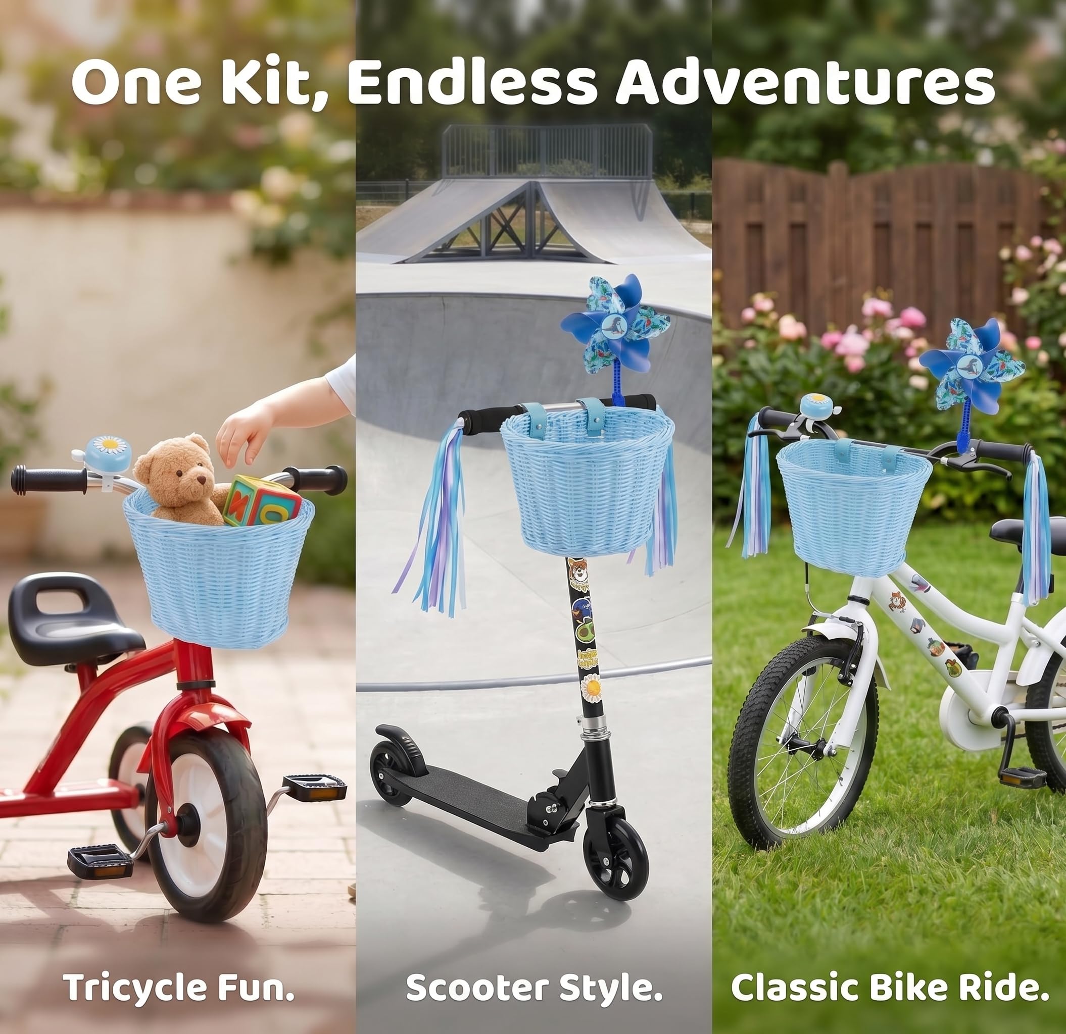 Panier de vélo avant pour enfants, accessoires de vélo pour filles et garçons, panier de vélo tissé avec autocollants, sonnette de vélo, moulin à vent et 1 paire de rubans colorés (panier bleu)