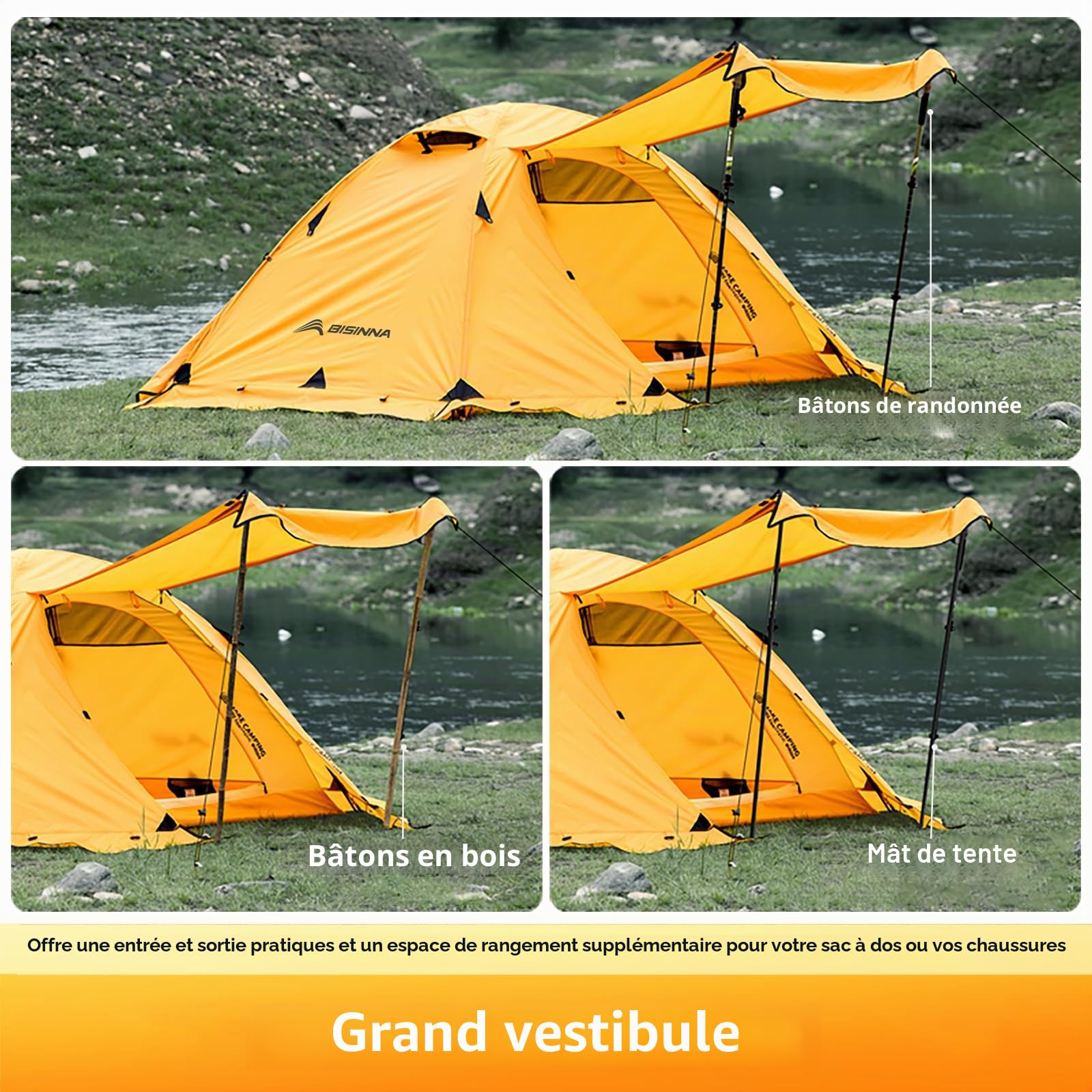 BISINNA Tente 4 Saisons pour la randonnée - Tente d'hiver légère pour 2 Personnes - Imperméable - Double Couche - Poteaux en Alliage d'aluminium - Facile à Installer pour Le Camping, la randonnée