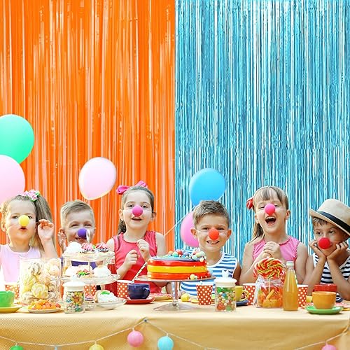 Miniatura 4 de Paquete de 2 cortinas de flecos metálicos de aluminio azul y naranja para decoraciones de fiesta, cortina de fondo azul y naranja para fiesta de