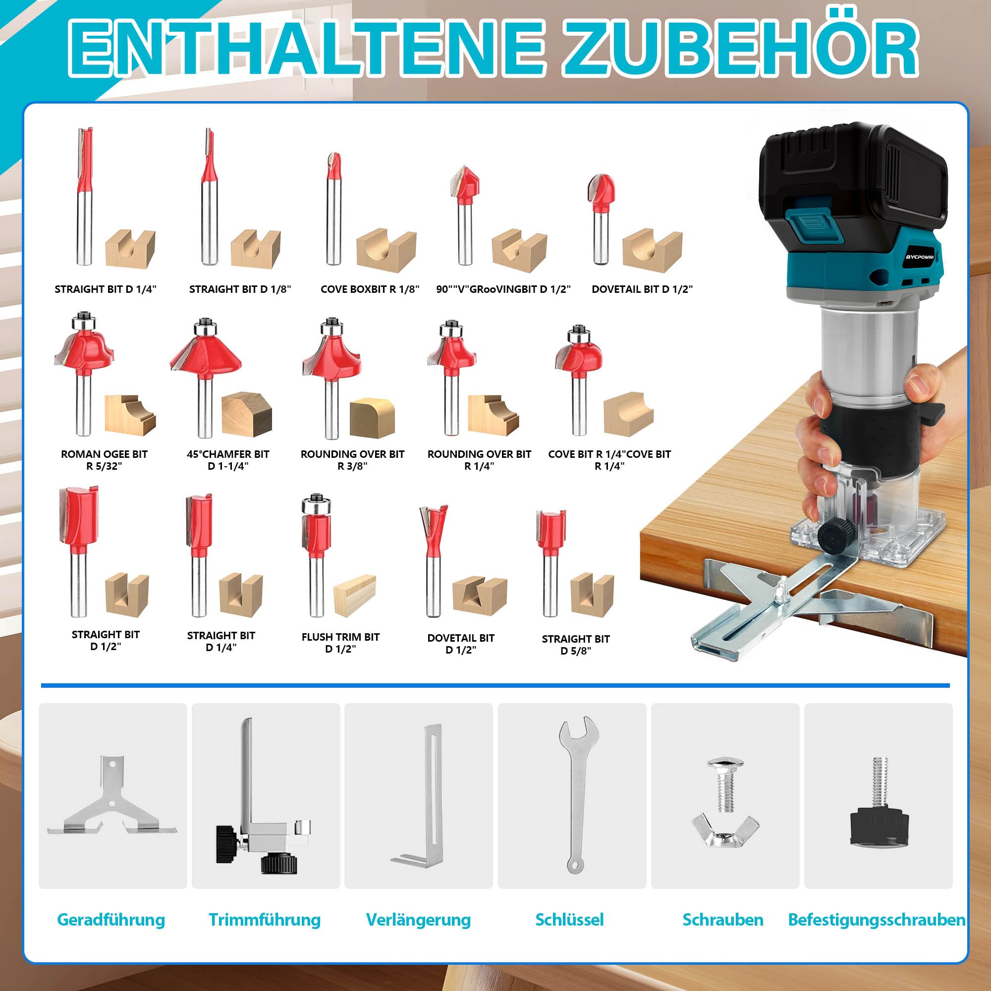 Akku Oberfräse für Makita 18V Akku, 800W Akku-Kantenfräse Set mit 5 Geschwindigkeit, 30000 U/min Bürstenloser Multifunktionsfräse Tragbarer Handfräser mit 15 Stück 1/4" Fräser Set(Ohne Akku)
