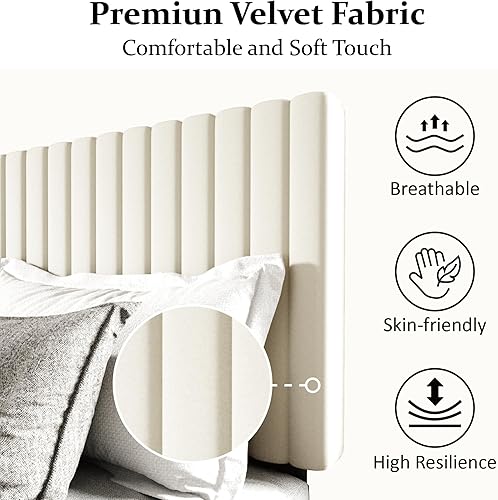 Miniatura 4 de Base de cama tamaño Queen con cabecera acolchada tapizada en terciopelo; cama plataforma con resistentes listones de madera; base para colchón;