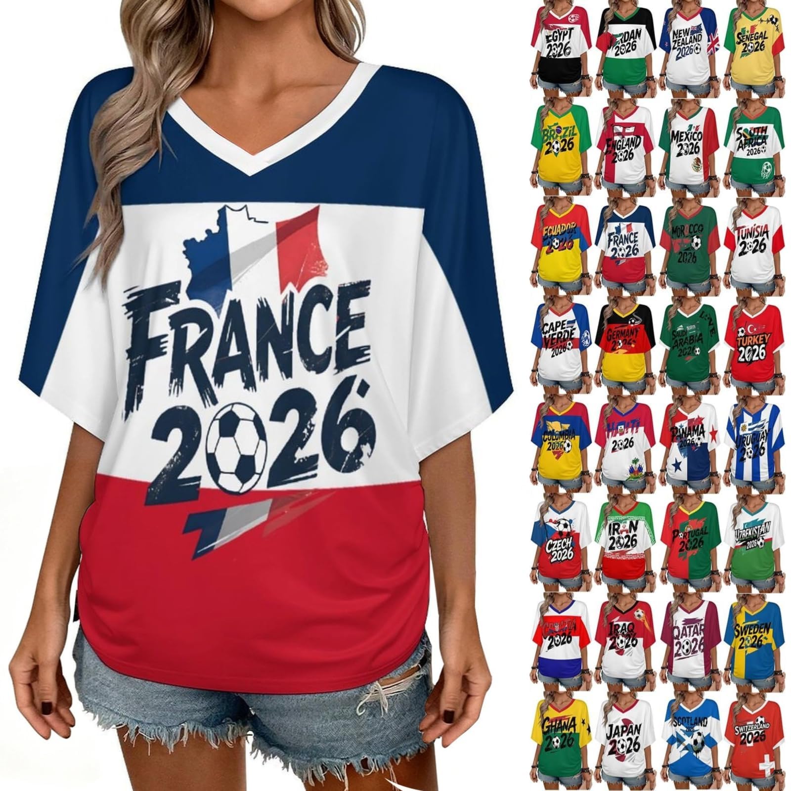 Maillot Equipe de France Foot 2026 Tee Shirt Femme - Été Supporter Football T-Shirt Musique Mode Streetwear Impression pour Les Fans de Sport