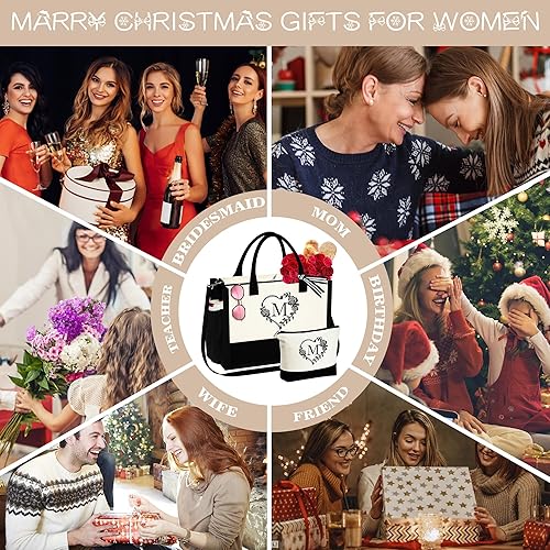 Miniatura 9 de YOOLIFE Bolsa de lona con inicial, bolsa de playa con cremallera, bolsa de maquillaje, regalo de cumpleaños, día de San Valentín, para mujeres,