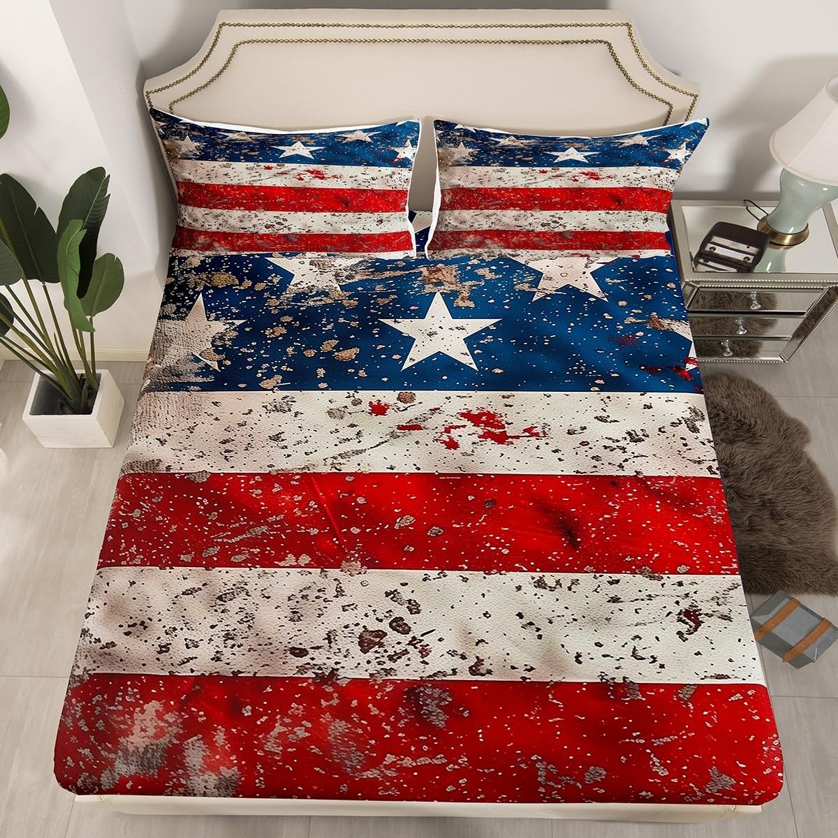 American Flag Stars Bed Sheets USA Patriotic Fitted Sheet Full for Adults Men Watercolor Red White and Blue Sheets 4Th of July Memorial Day Bed Set