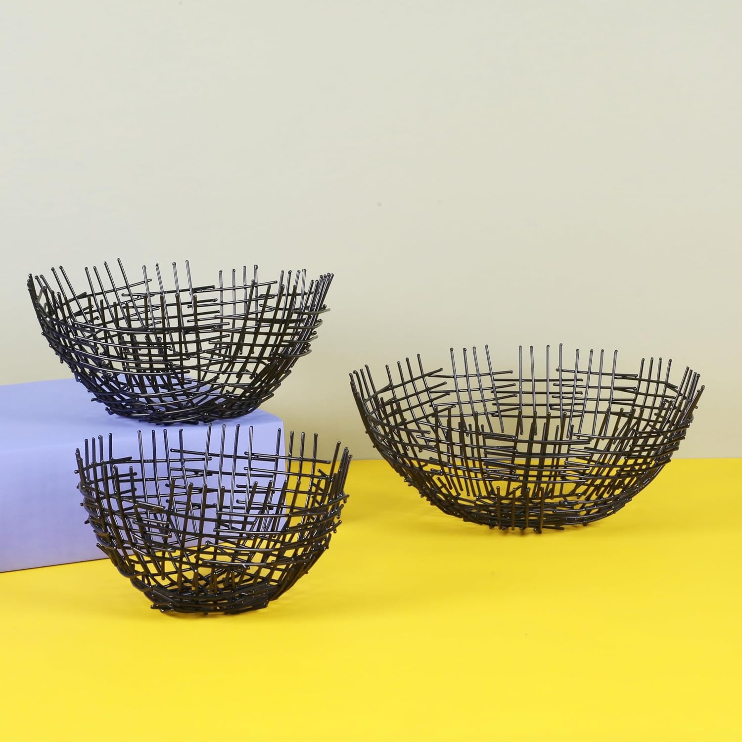 CLEENTABLE Set of 3 Fruit Baskets Mesh Storage Bowls Key Holder Stackable for Shelf Kitchen Tabletop for Fruit, Hot, Cold Food- Small, Medium, Large - Black 12"+10"+8" Dia, set of 3 Raven Black