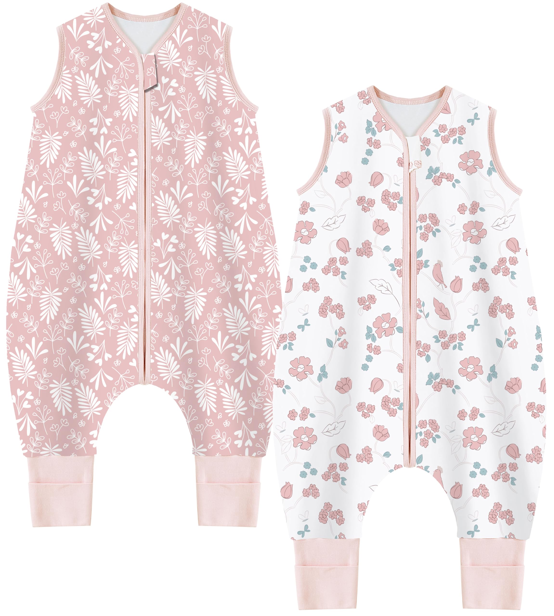 Chilsuessy Baby Sleep Sack with Feet 1.0 TOG, 100% Organic Cotton Wearable Blanket 2 Pack Newborn Infant Sleeping Bag with 2-Way Zipper, 2-3 T, Floral