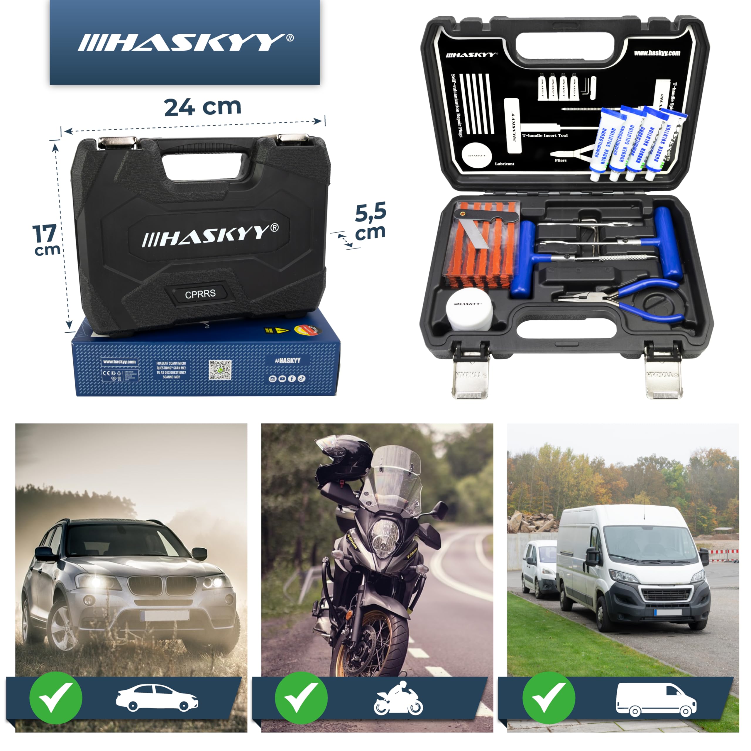 HASKYY Kit Riparazione Pneumatici 47 Pezzi Accessori Completi