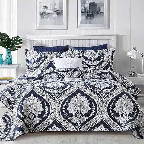 Finlonte Edredón de damasco tamaño King edredón de algodón blanco marino bohemio King colcha ligera y suave para todas las estaciones 3 piezas